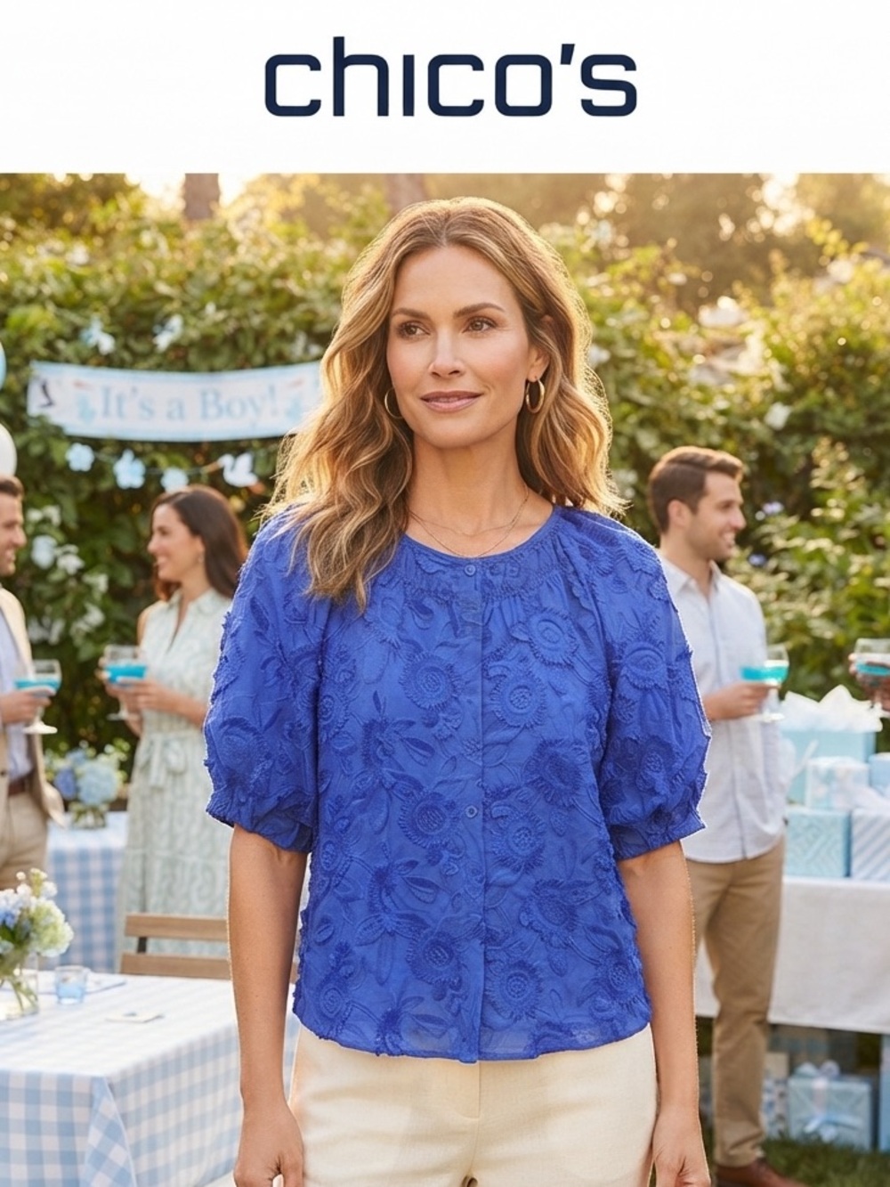 Chico's Royal Blue Floral-Textured Puff Sleeve Blouse